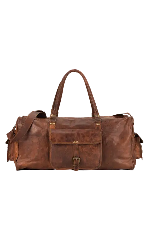 Leather-Duffle-Bags-Brown-with-pocket-front