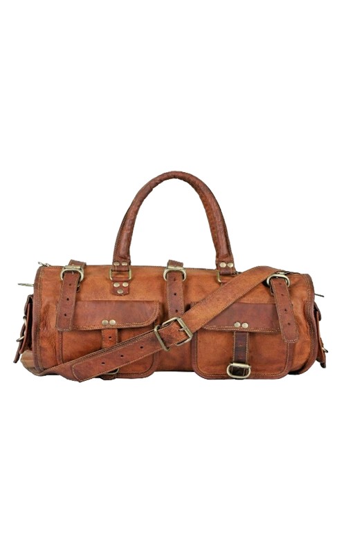 Leather-Duffle-Bags-light-Brown-with-pocket-front