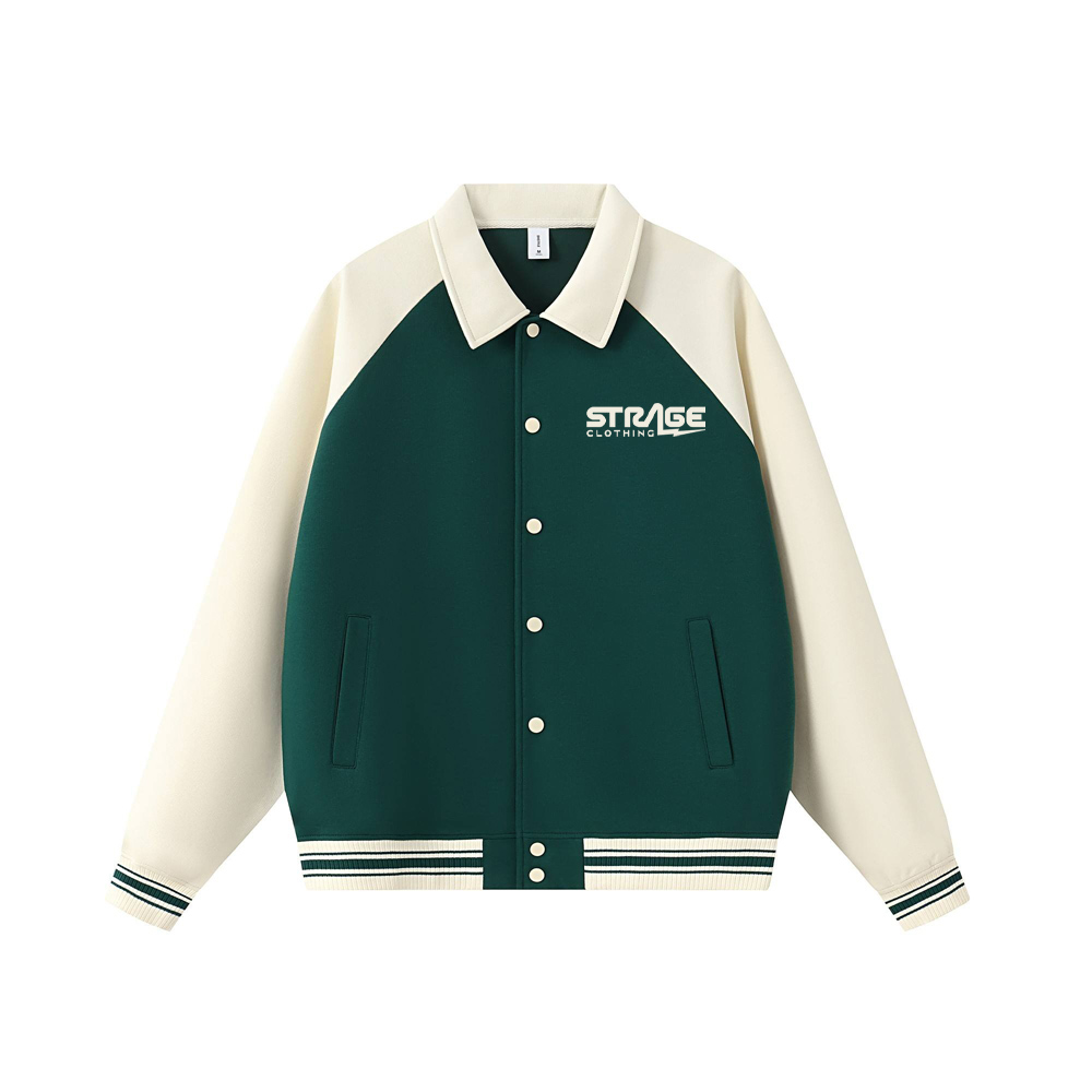 Custom varsity jacket with collar styles in premium materials by Strage Clothing