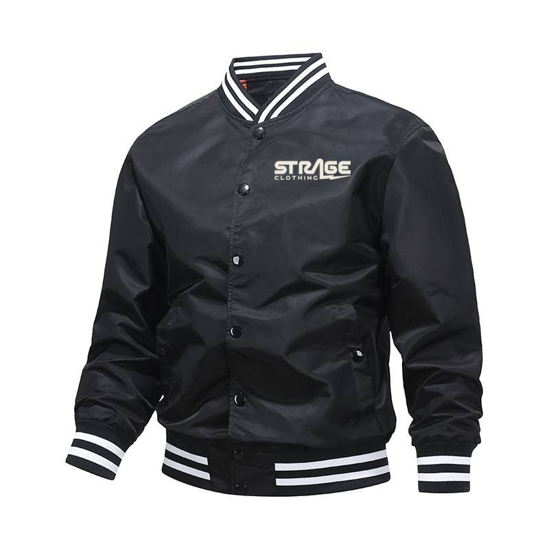 Custom silk varsity jacket with satin lining and embroidery by Strage Clothing