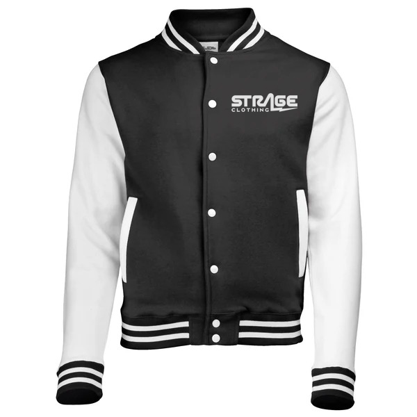 Custom unisex varsity jacket with wool body and leather sleeves by Strage Clothing