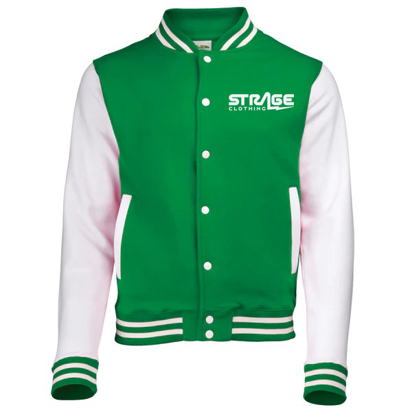 Custom unisex varsity jacket with wool body and leather sleeves by Strage Clothing