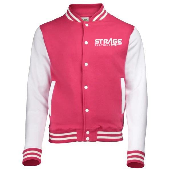 Custom unisex varsity jacket with wool body and leather sleeves by Strage Clothing