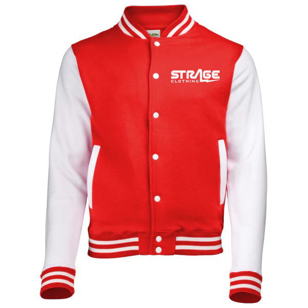Custom unisex varsity jacket with wool body and leather sleeves by Strage Clothing