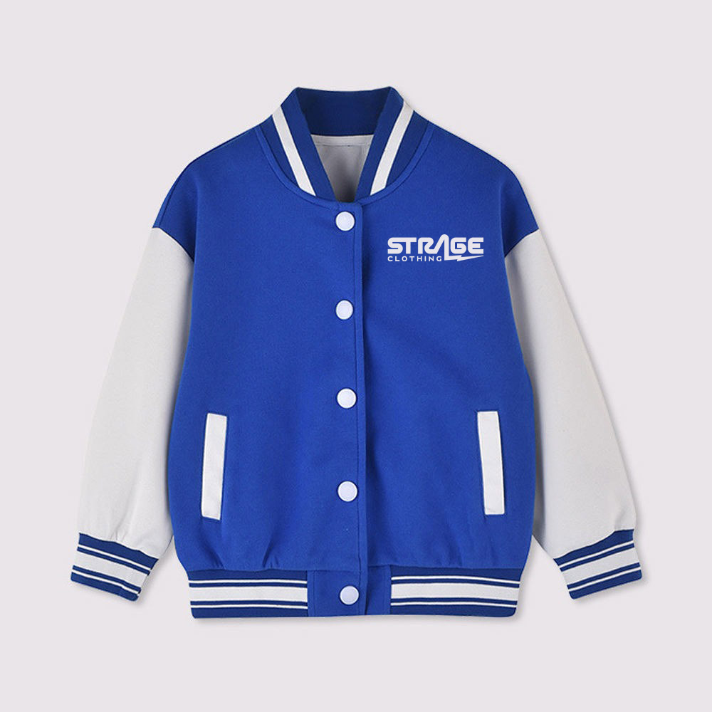 A detailed view of a custom varsity jacket for girls featuring a soft wool body, pastel leather sleeves, and elegant chenille embroidery