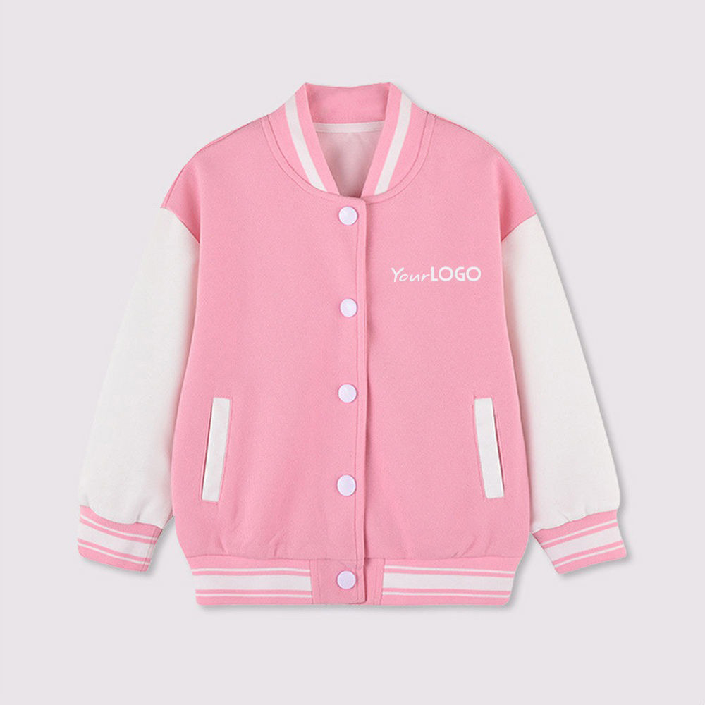 A detailed view of a custom varsity jacket for girls featuring a soft wool body, pastel leather sleeves, and elegant chenille embroidery
