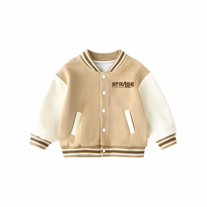 Custom toddler varsity jacket with name embroidery by Strage Clothing