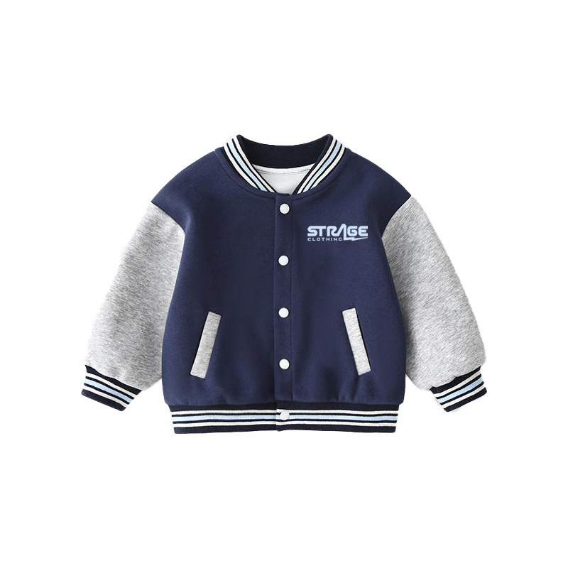 Custom varsity jackets for toddlers with personalized colors, names, and patches.