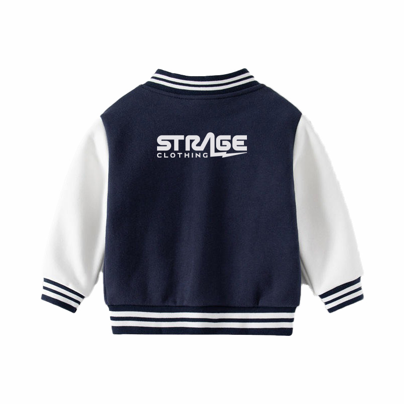 Custom toddler varsity jacket with name embroidery by Strage Clothing