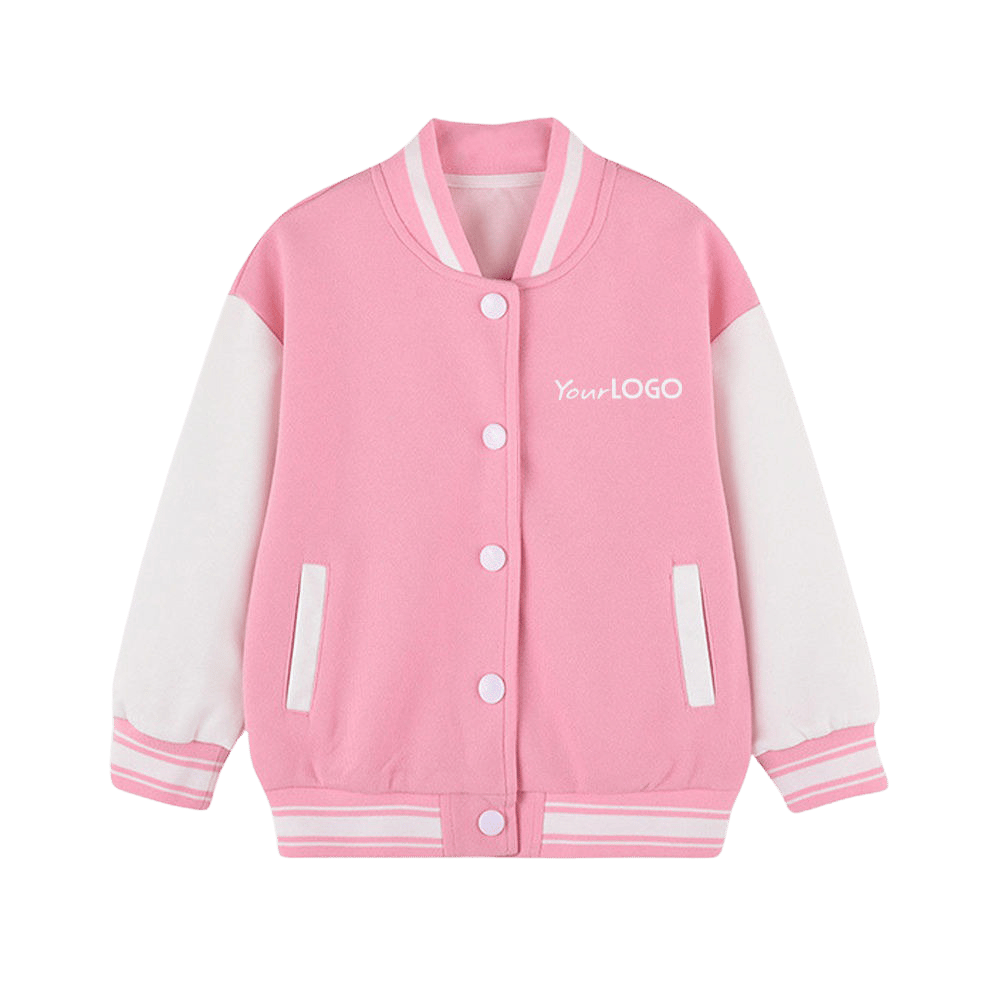 A detailed view of a custom varsity jacket for girls featuring a soft wool body, pastel leather sleeves, and elegant chenille embroidery