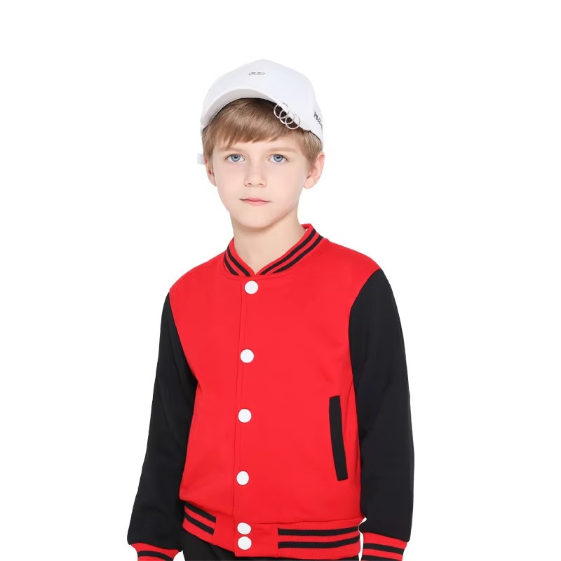 A detailed view of a custom boys varsity jacket with a durable wool body, contrast sleeves, and high-quality "Piece of Art" chenille patches.