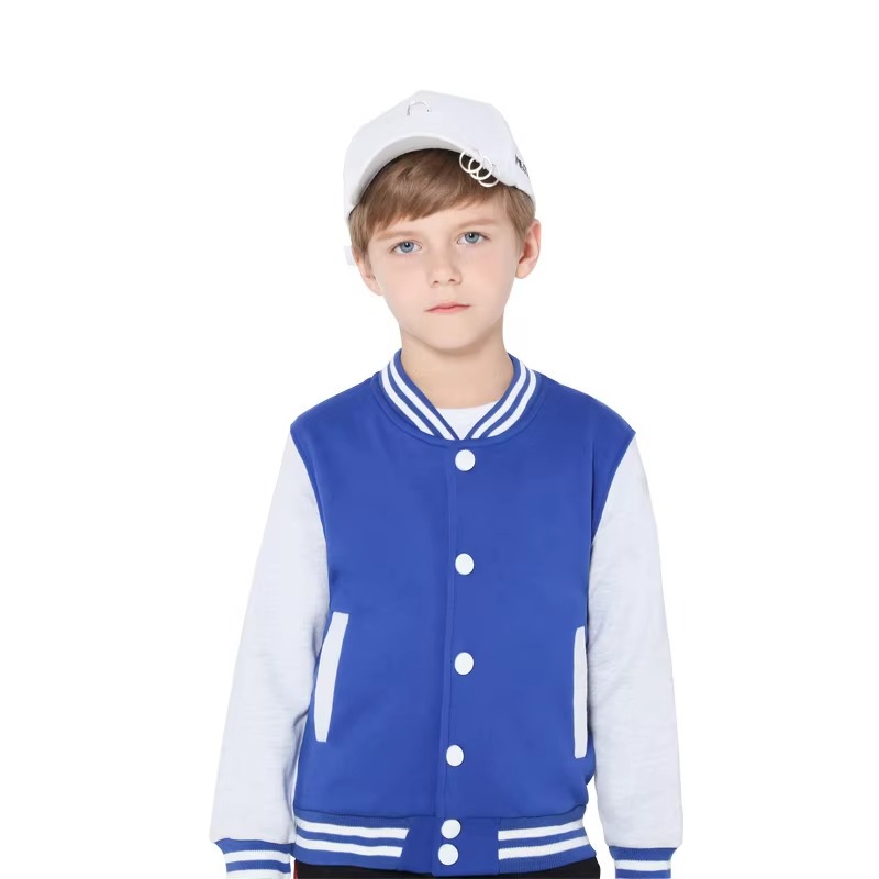 A detailed view of a custom boys varsity jacket with a durable wool body, contrast sleeves, and high-quality "Piece of Art" chenille patches.