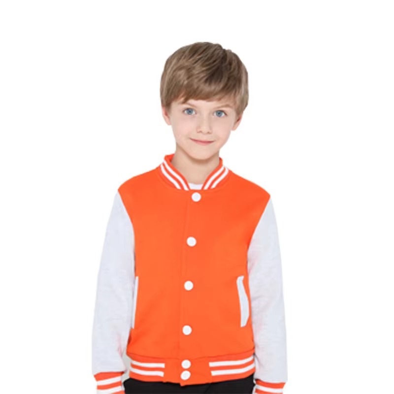 A detailed view of a custom boys varsity jacket with a durable wool body, contrast sleeves, and high-quality "Piece of Art" chenille patches.