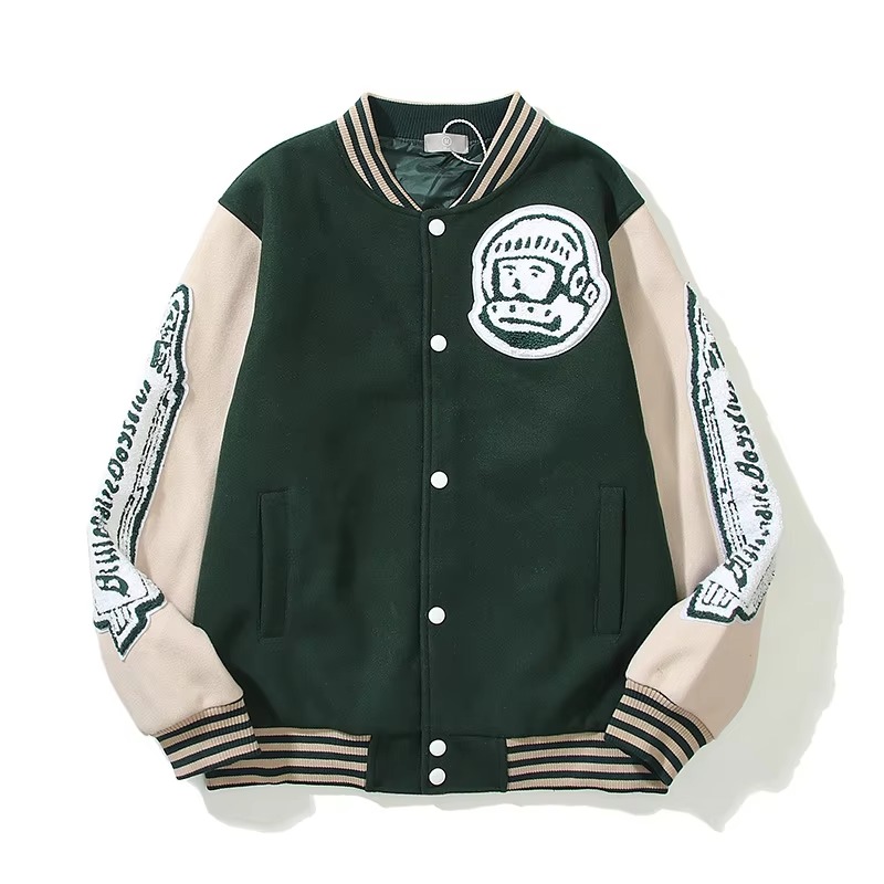: A detailed view of custom embroidered varsity jackets featuring thick 3D embroidery and intricate thread work on the back and chest