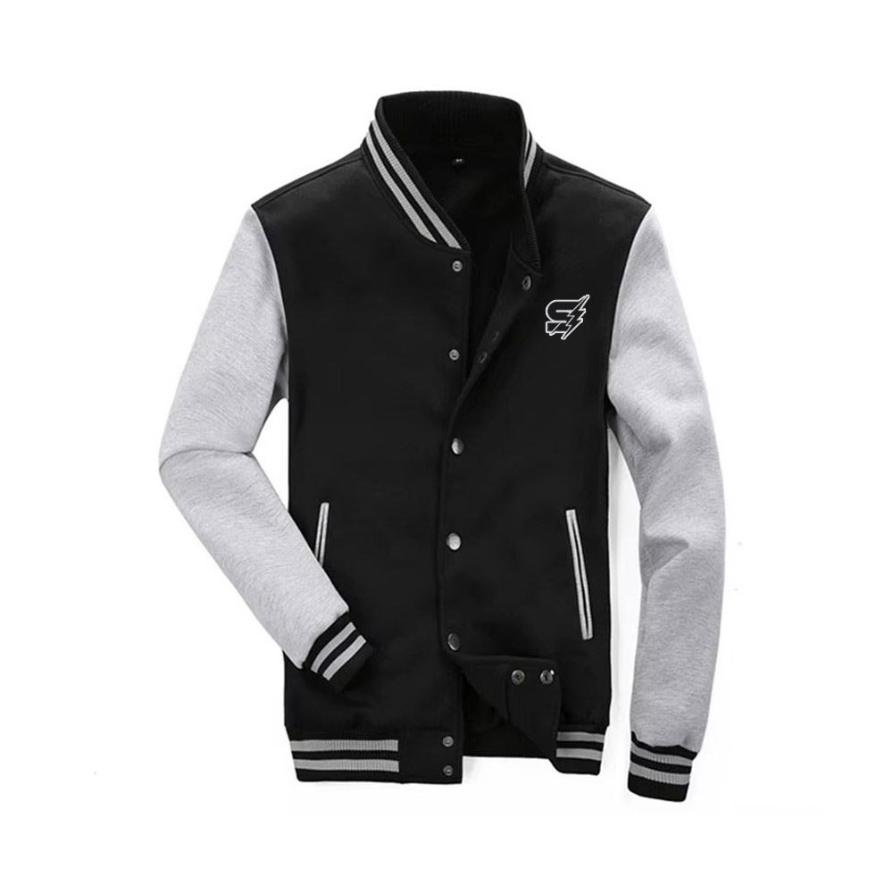 A detailed view of high-quality custom fleece varsity jackets featuring thick, soft-touch fabric, contrasting sleeves, and custom chenille patches.