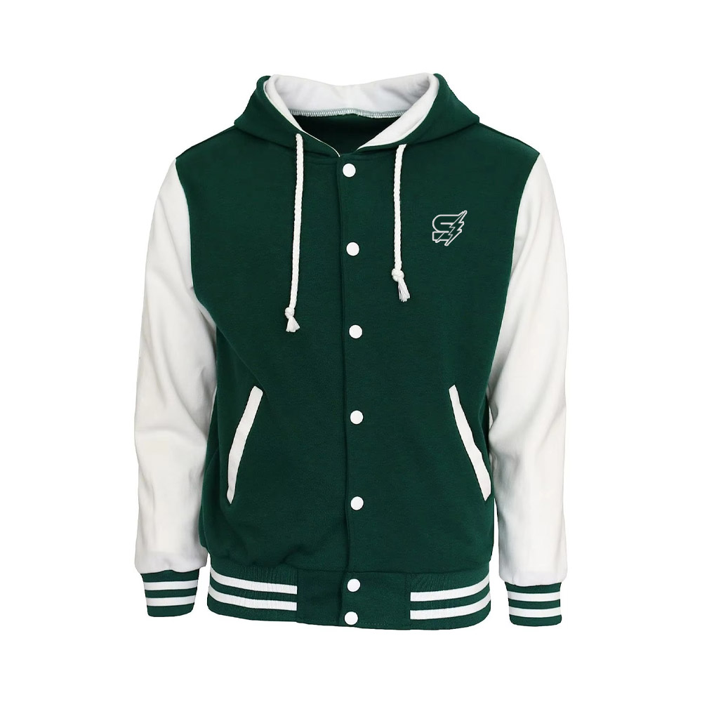 A detailed view of high-quality custom fleece varsity jackets featuring thick, soft-touch fabric, contrasting sleeves, and custom chenille patches.