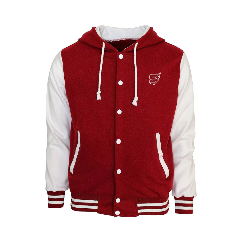 A detailed view of high-quality custom fleece varsity jackets featuring thick, soft-touch fabric, contrasting sleeves, and custom chenille patches.