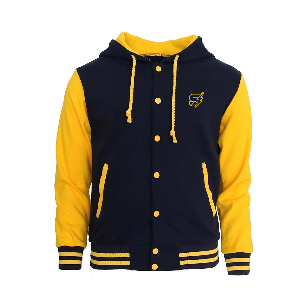 A detailed view of high-quality custom fleece varsity jackets featuring thick, soft-touch fabric, contrasting sleeves, and custom chenille patches.