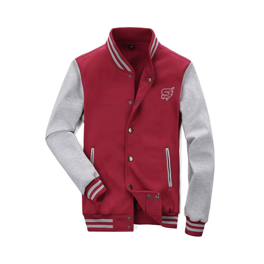 A detailed view of high-quality custom fleece varsity jackets featuring thick, soft-touch fabric, contrasting sleeves, and custom chenille patches.