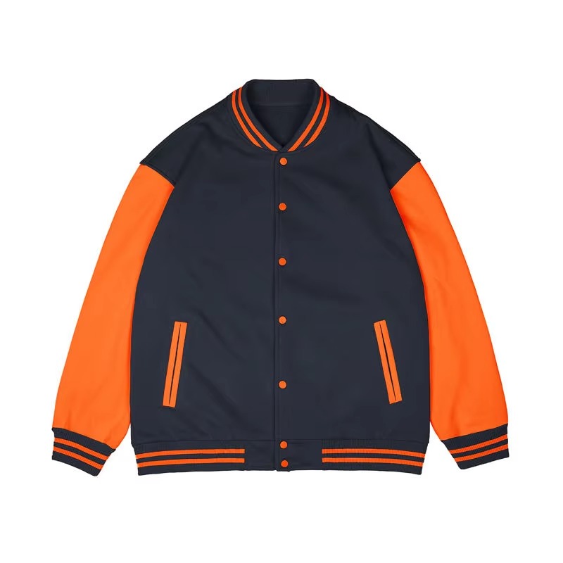 A detailed view of a high-end custom leather varsity jacket featuring a premium melton wool body and genuine cowhide leather sleeves with intricate embroidery.