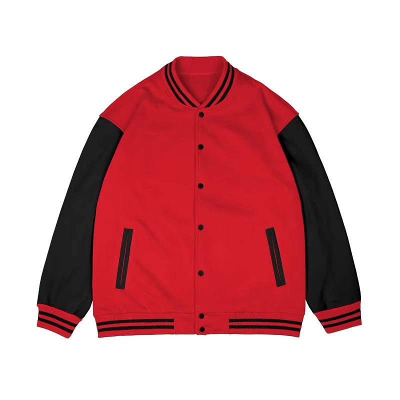 A detailed view of a high-end custom leather varsity jacket featuring a premium melton wool body and genuine cowhide leather sleeves with intricate embroidery.