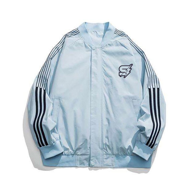 A detailed view of a sleek custom nylon varsity jacket featuring a satin-finish water-resistant shell, striped rib-knit cuffs, and precision embroidery.