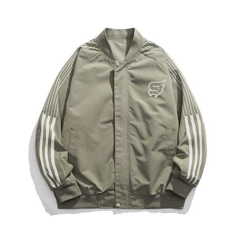A detailed view of a sleek custom nylon varsity jacket featuring a satin-finish water-resistant shell, striped rib-knit cuffs, and precision embroidery.