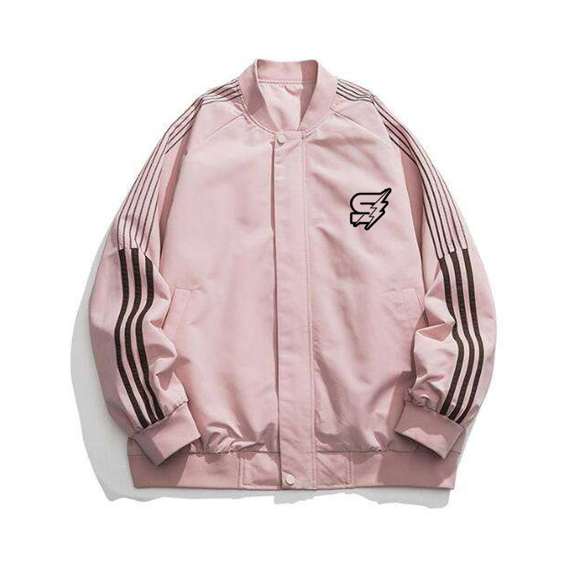 A detailed view of a sleek custom nylon varsity jacket featuring a satin-finish water-resistant shell, striped rib-knit cuffs, and precision embroidery.