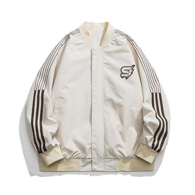 A detailed view of a sleek custom nylon varsity jacket featuring a satin-finish water-resistant shell, striped rib-knit cuffs, and precision embroidery.