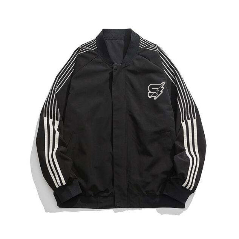 A detailed view of a sleek custom nylon varsity jacket featuring a satin-finish water-resistant shell, striped rib-knit cuffs, and precision embroidery.