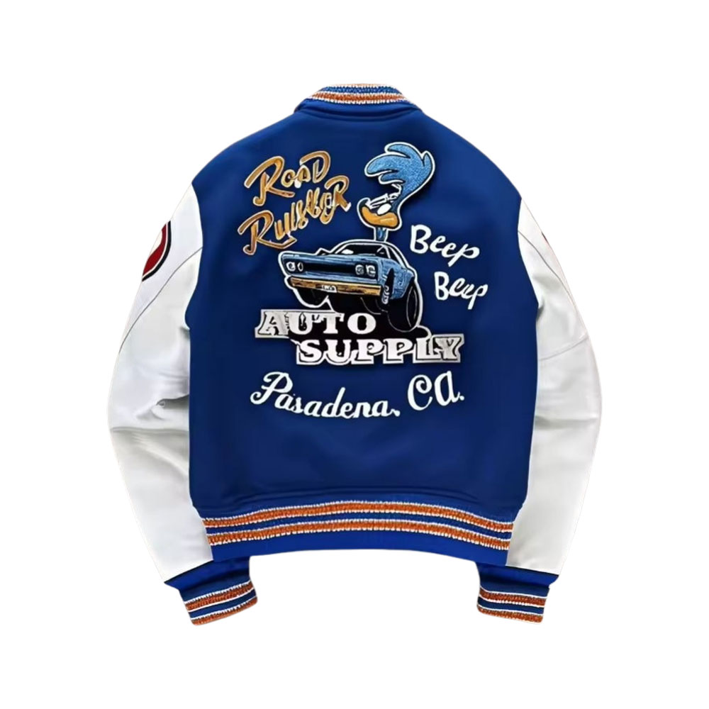 A detailed view of high-quality custom varsity sports jackets featuring wool bodies, genuine leather sleeves, and intricate chenille patch embroidery.