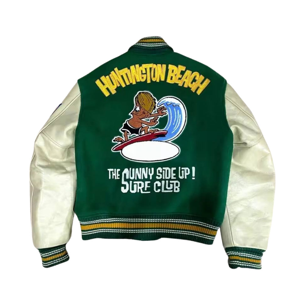 A detailed view of high-quality custom varsity sports jackets featuring wool bodies, genuine leather sleeves, and intricate chenille patch embroidery.