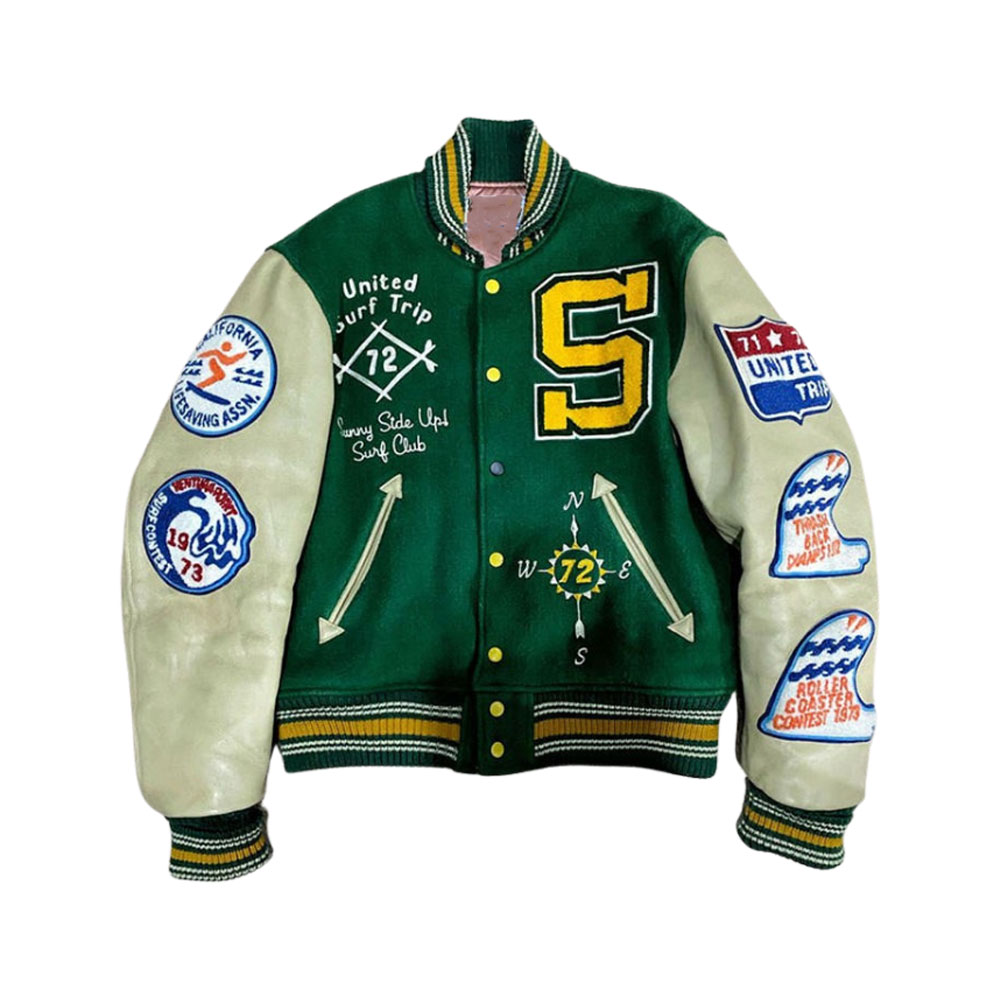 A detailed view of high-quality custom varsity sports jackets featuring wool bodies, genuine leather sleeves, and intricate chenille patch embroidery.