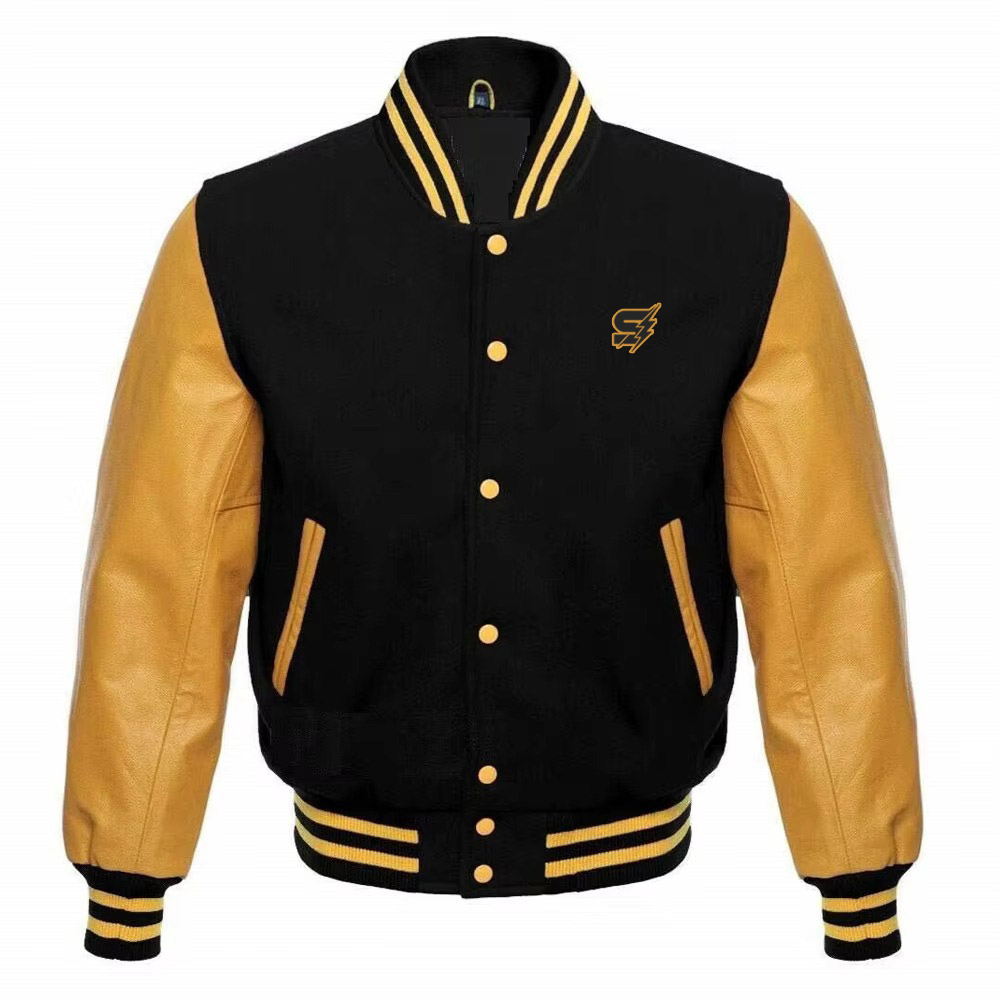 A detailed view of high-end custom varsity jackets leather sleeves featuring 24oz Melton wool and genuine grain cowhide leather for a timeless collegiate look.