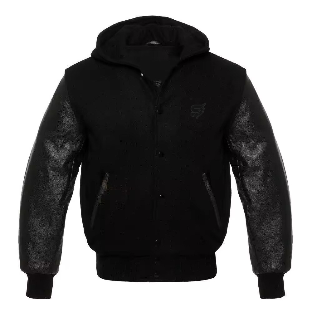 A detailed view of high-end custom varsity jackets leather sleeves featuring 24oz Melton wool and genuine grain cowhide leather for a timeless collegiate look.