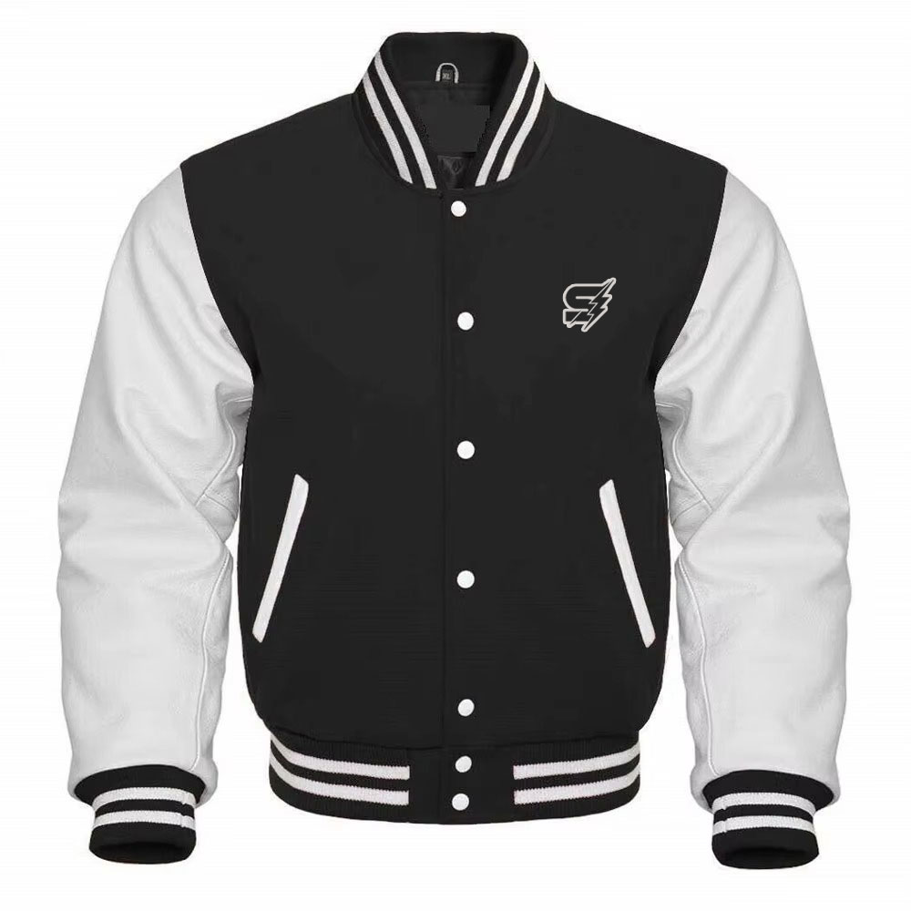 A detailed view of high-end custom varsity jackets leather sleeves featuring 24oz Melton wool and genuine grain cowhide leather for a timeless collegiate look.