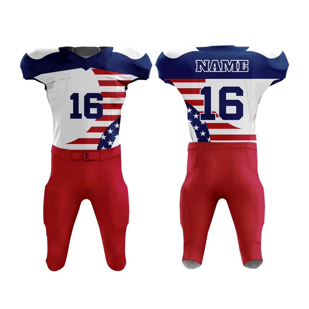 Custom American Football Uniform for teams with personalized name, number, colors, and design