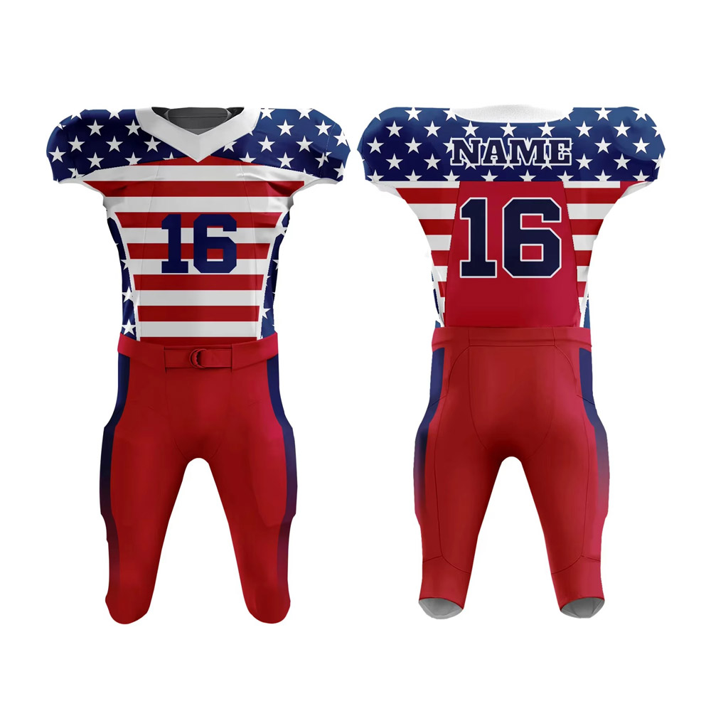 Custom American Football Uniform for teams with personalized name, number, colors, and design