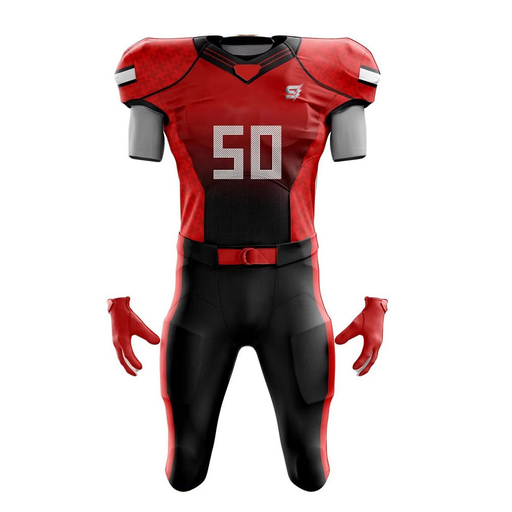 Custom youth football uniform in red and black design