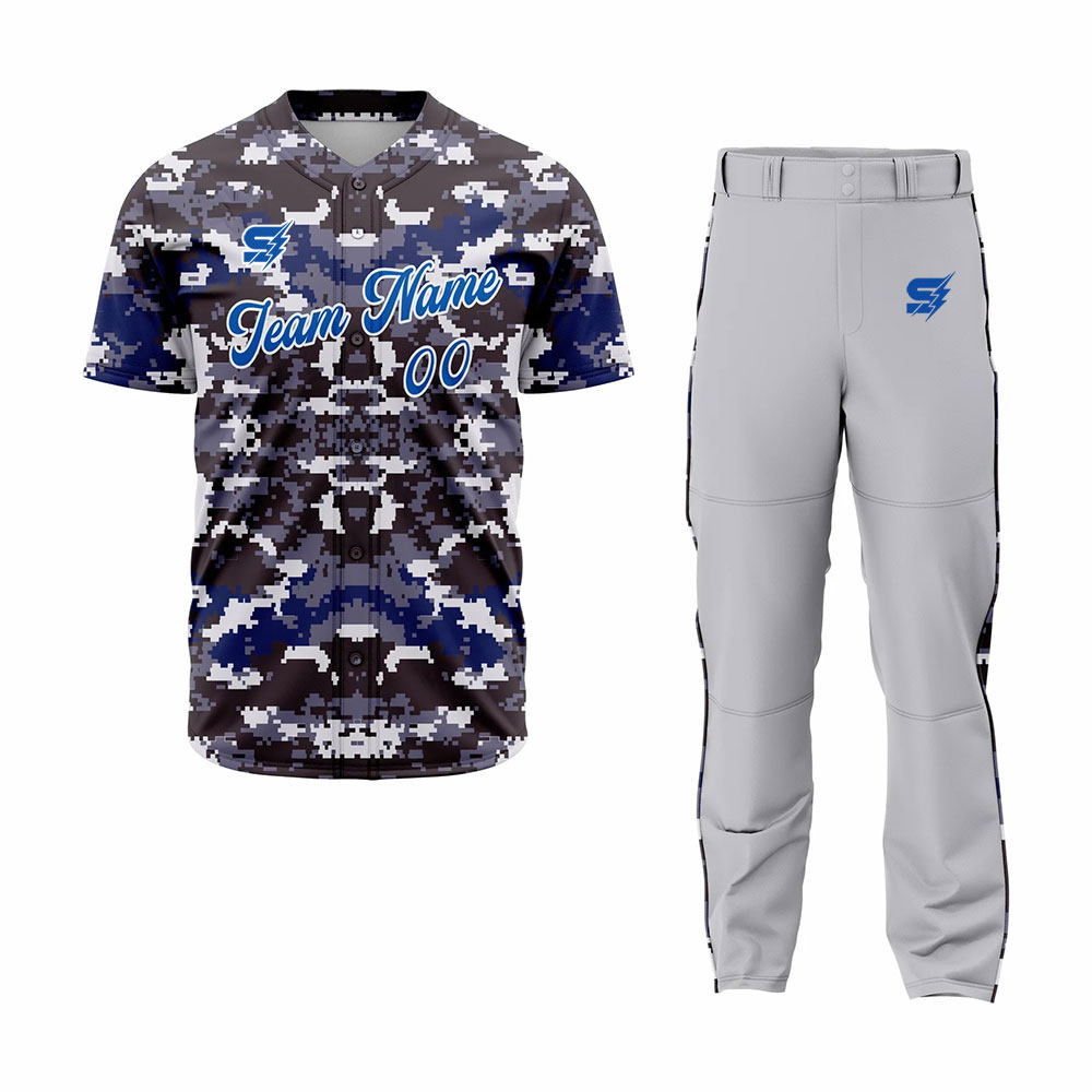 Custom Design Baseball Uniforms camo baseball jersey set showing bold camouflage team kit with professional sportswear design