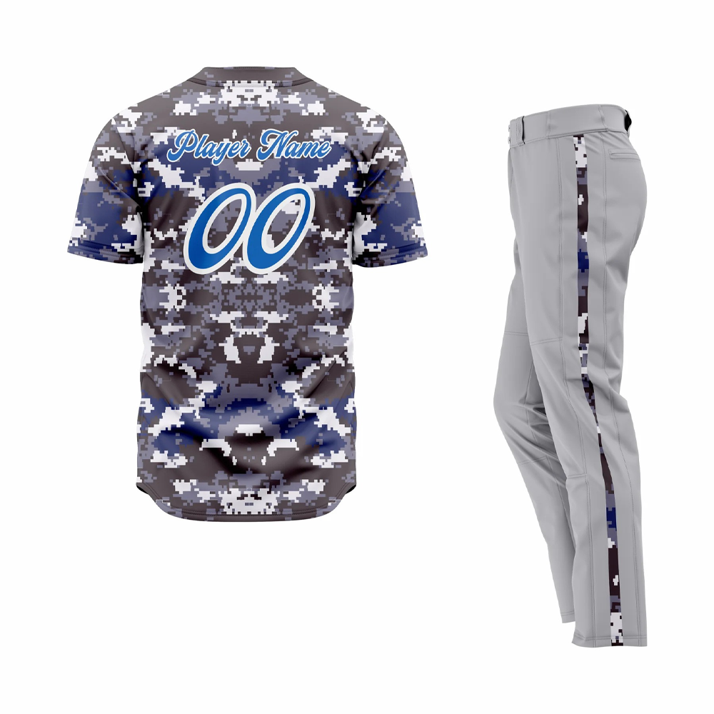 Custom Design Baseball Uniforms camo baseball jersey set showing bold camouflage team kit with professional sportswear design