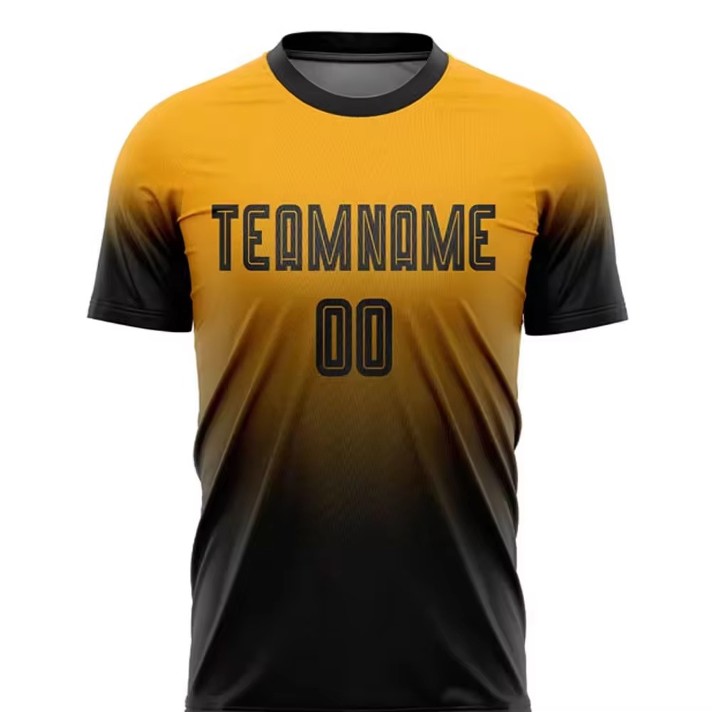 Yellow and black custom soccer jersey and shorts set