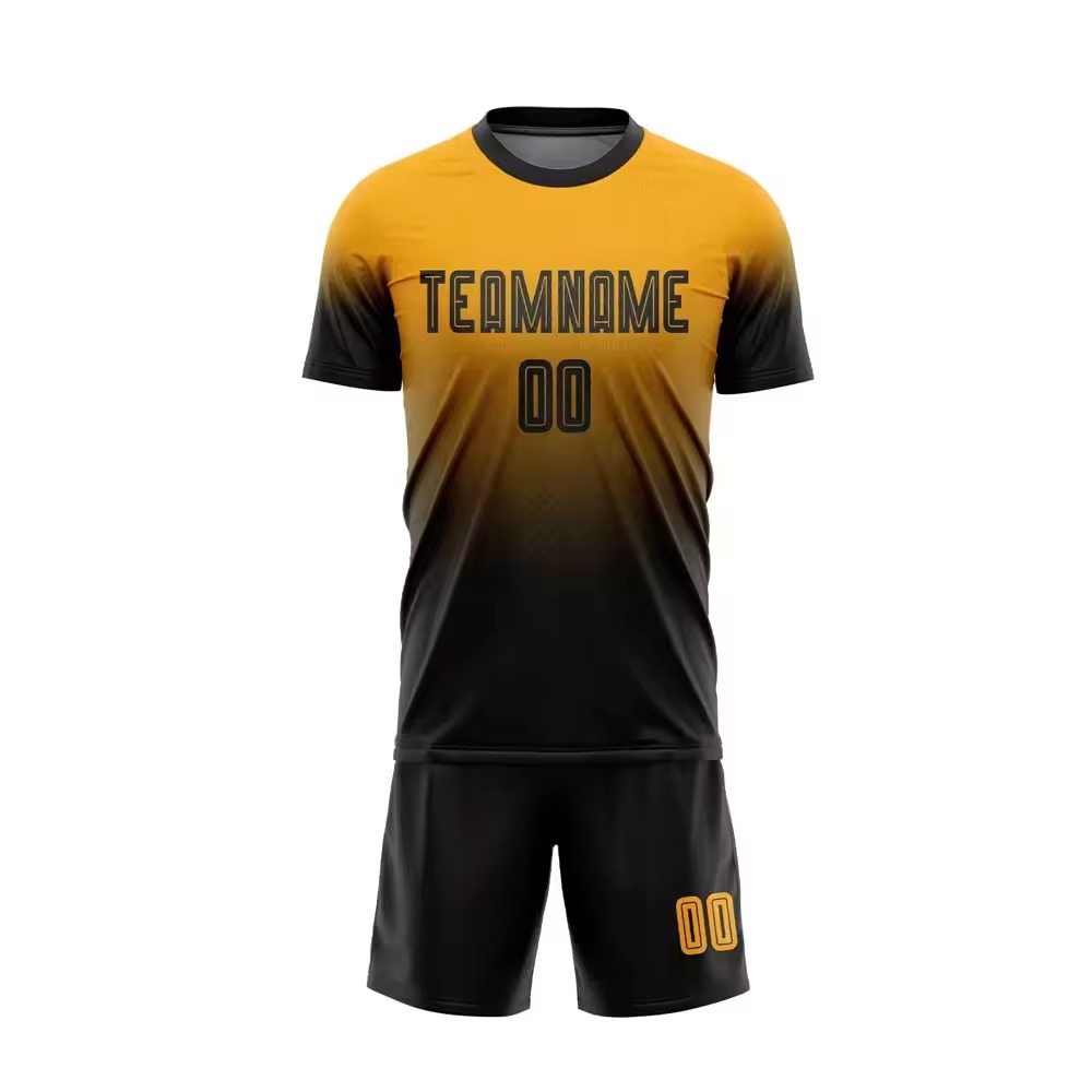 Yellow and black custom soccer jersey and shorts set