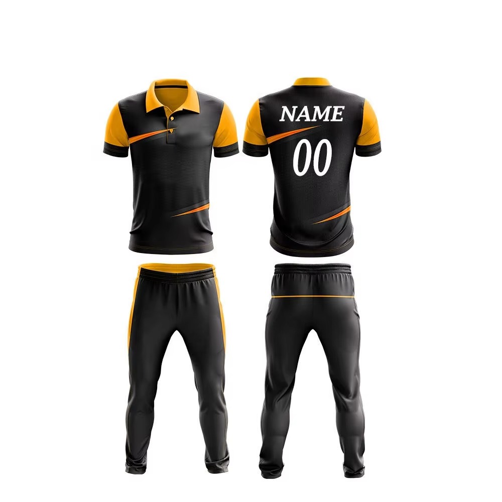 Custom Sublimated Cricket Uniforms premium black and gold cricket jersey set for confident team performance