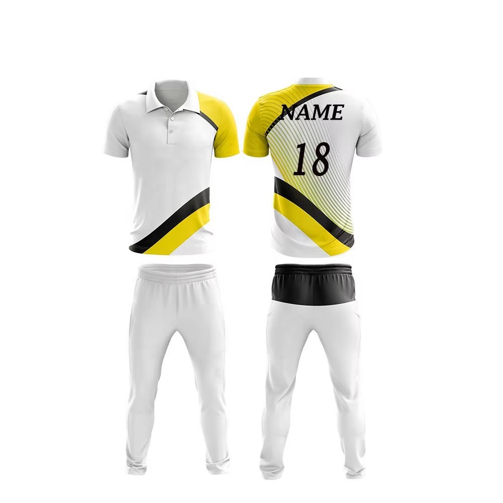 Custom Sublimated Cricket Uniforms multiple color cricket kits including yellow white and black team designs