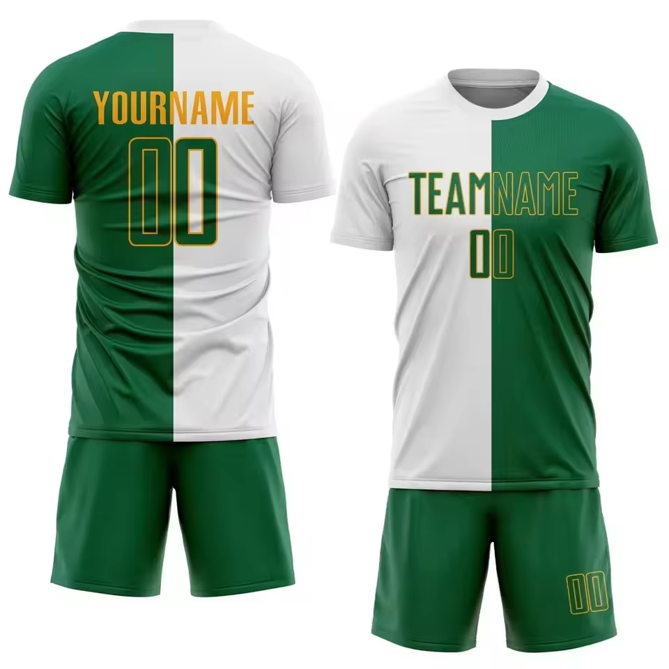 Custom College Soccer Uniforms green and white team kit with front and back view