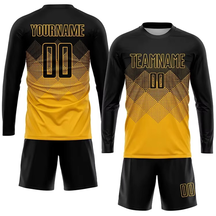 Custom long sleeve soccer uniforms in black and gold front and back design