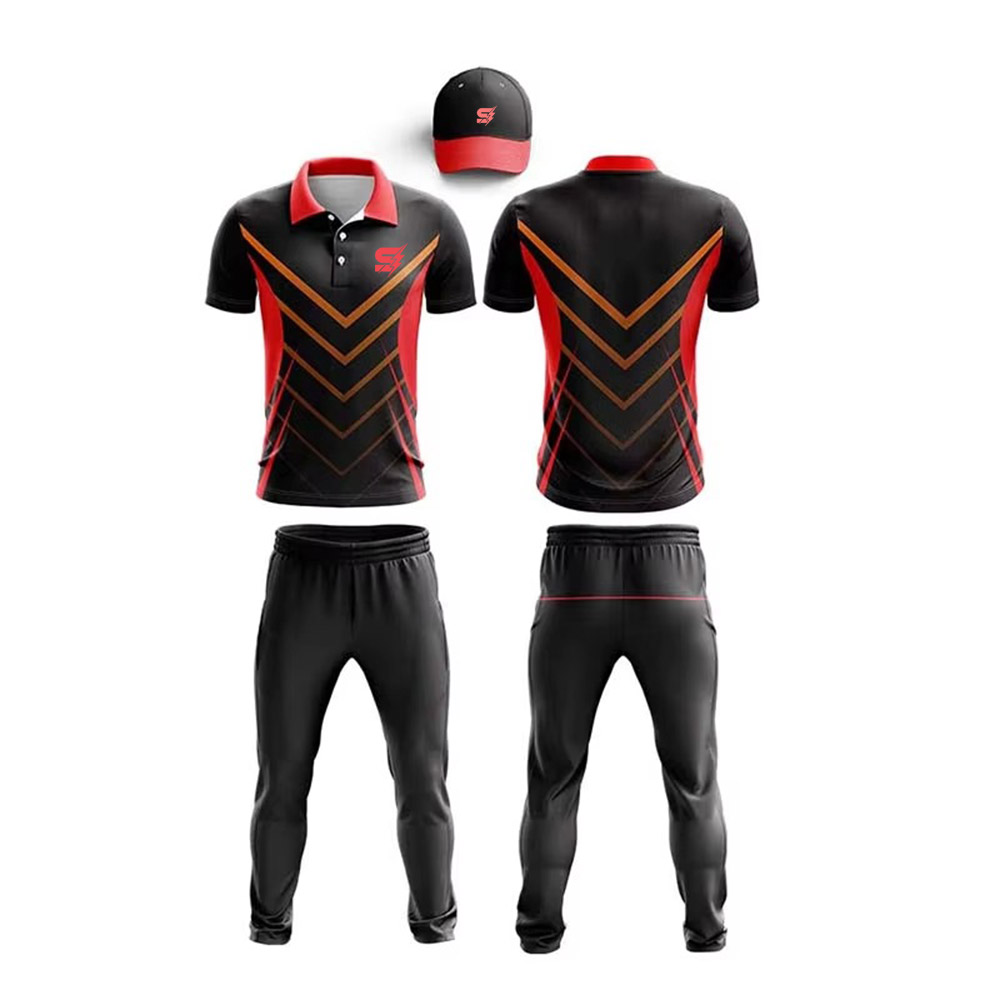 Diverse team players showcasing vibrant colors of the Custom Men's Cricket Uniform Full Set, evoking unity, energy, and professional team pride.