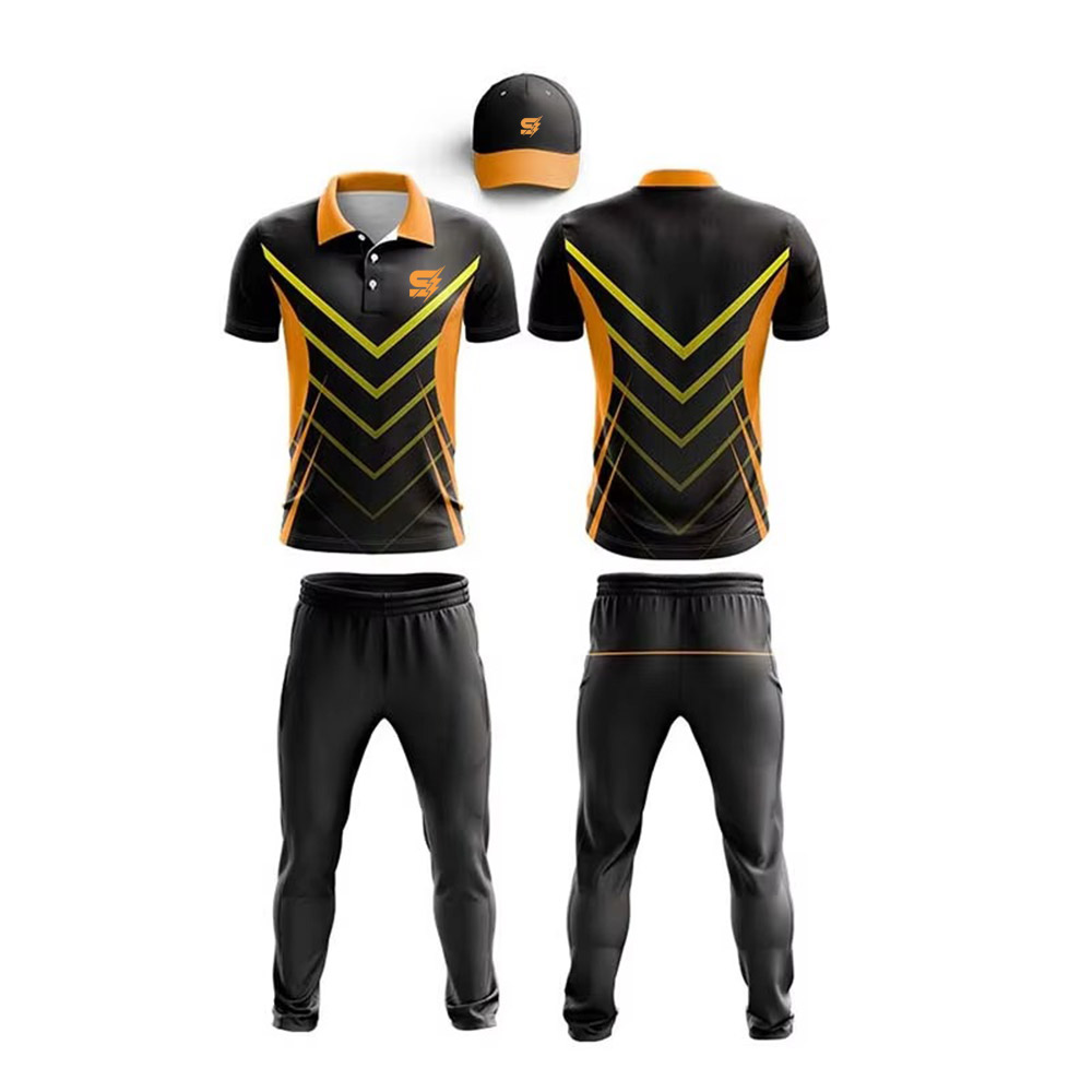 Diverse team players showcasing vibrant colors of the Custom Men's Cricket Uniform Full Set, evoking unity, energy, and professional team pride.