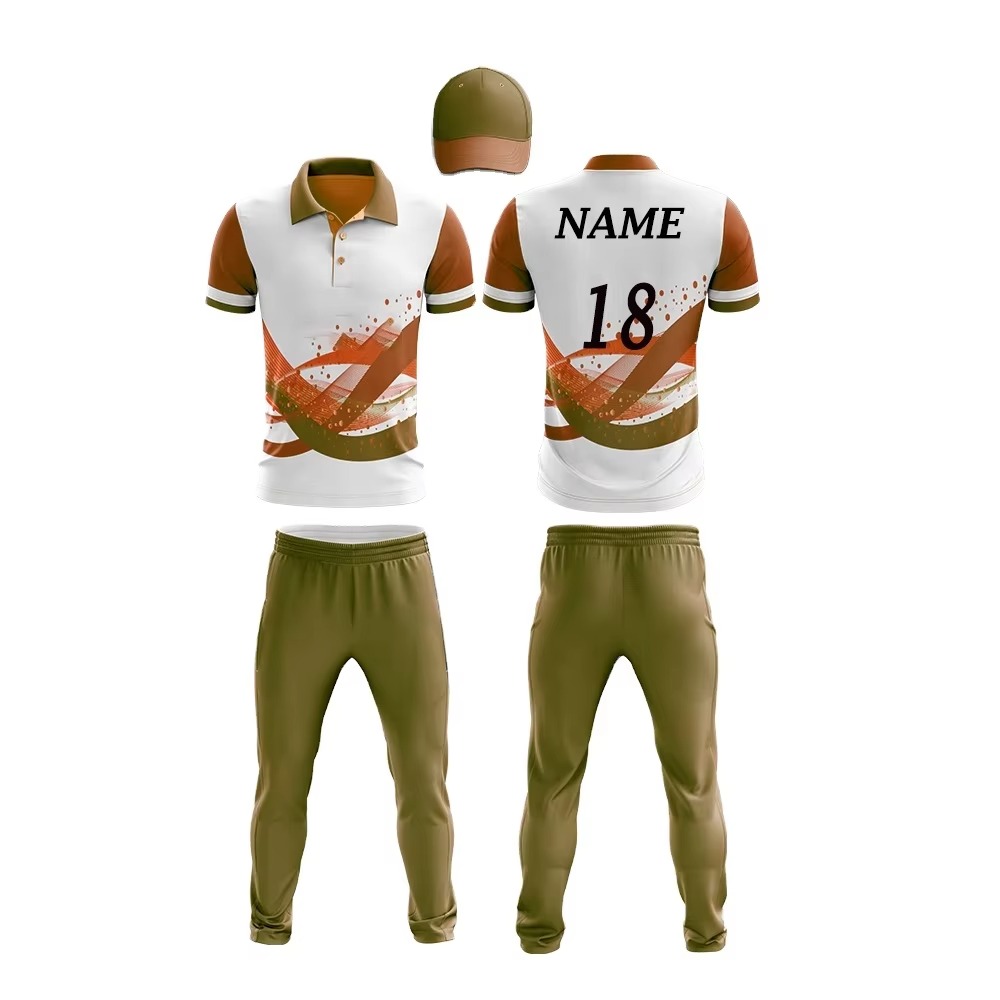 Proud players wearing the Custom Men's Cricket Uniform Full Set with personalized name and number, radiating confidence and team spirit on the cricket field.